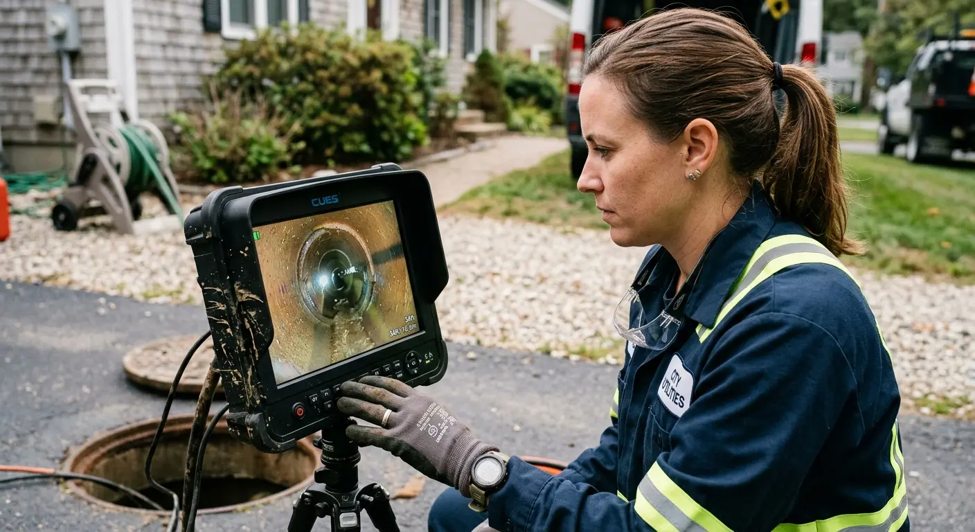 Technician reviewing sewer camera inspection footage in Williamstown