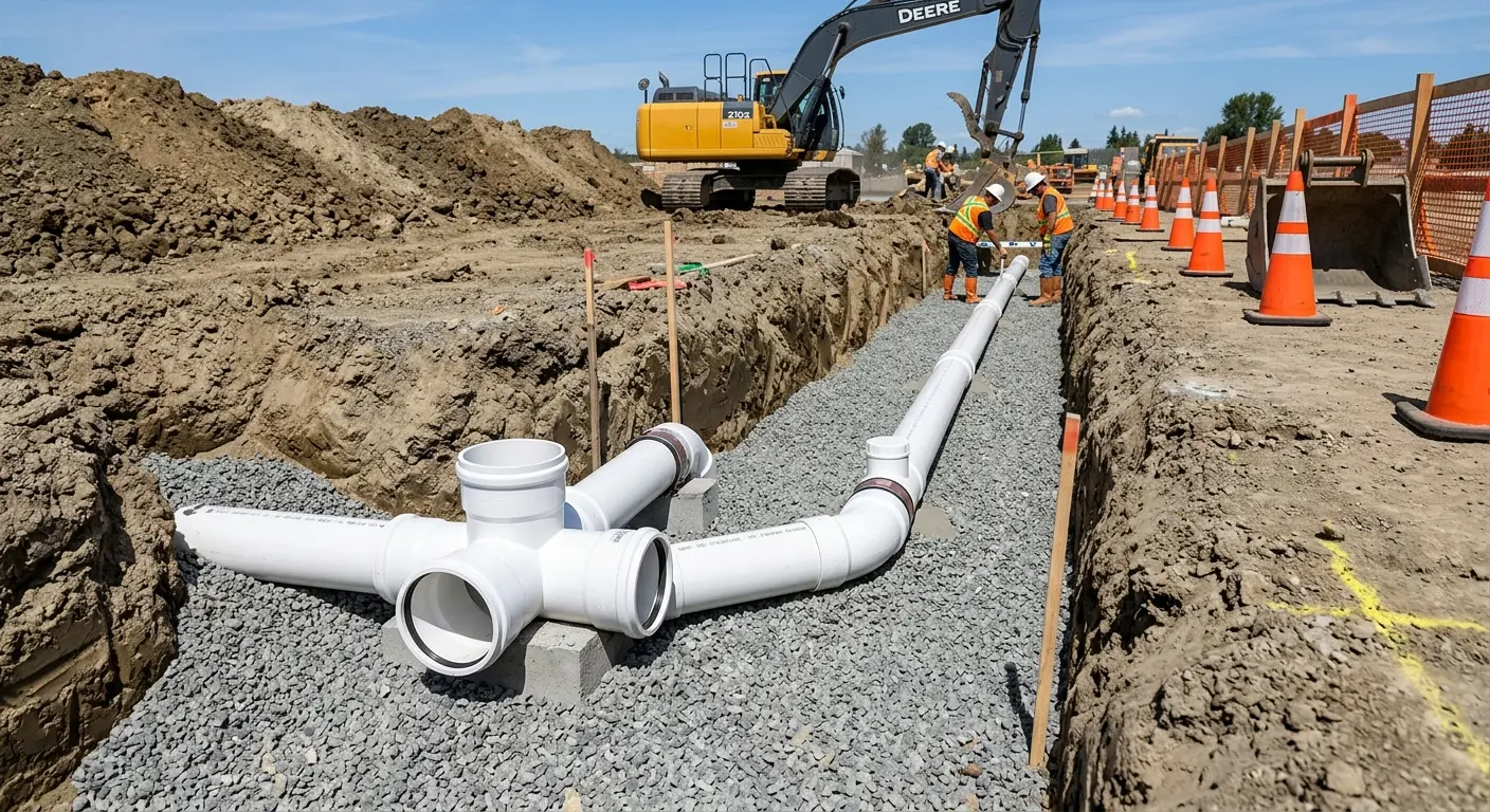 New PVC sewer pipe installation in open trench for Grease Trap Cleaning in Williamstown
